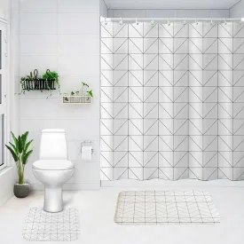 The Better Home Shower Curtain(180*180cm) Bathroom Mat(45*75cm) & U Shaped Mat(45*38cm) | 3Pcs Bathroom Accessories Set | Anti Skid Mat For Bathroom Floor | Water-Poof Polyester Material- Wavy Edges