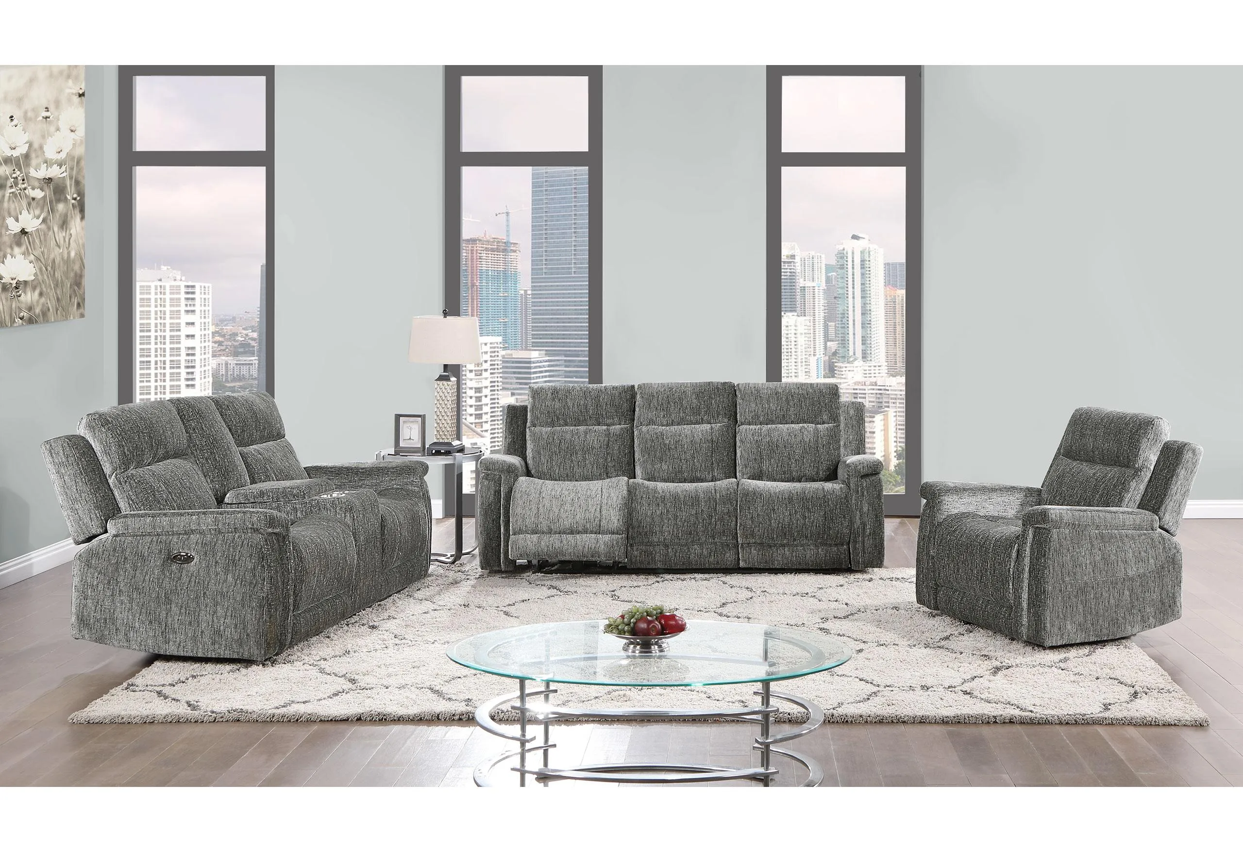 U1797 DARK GREY POWER RECLINING SOFA / POWER CONSOLE RECLINING LOVESEAT / POWER RECLINER