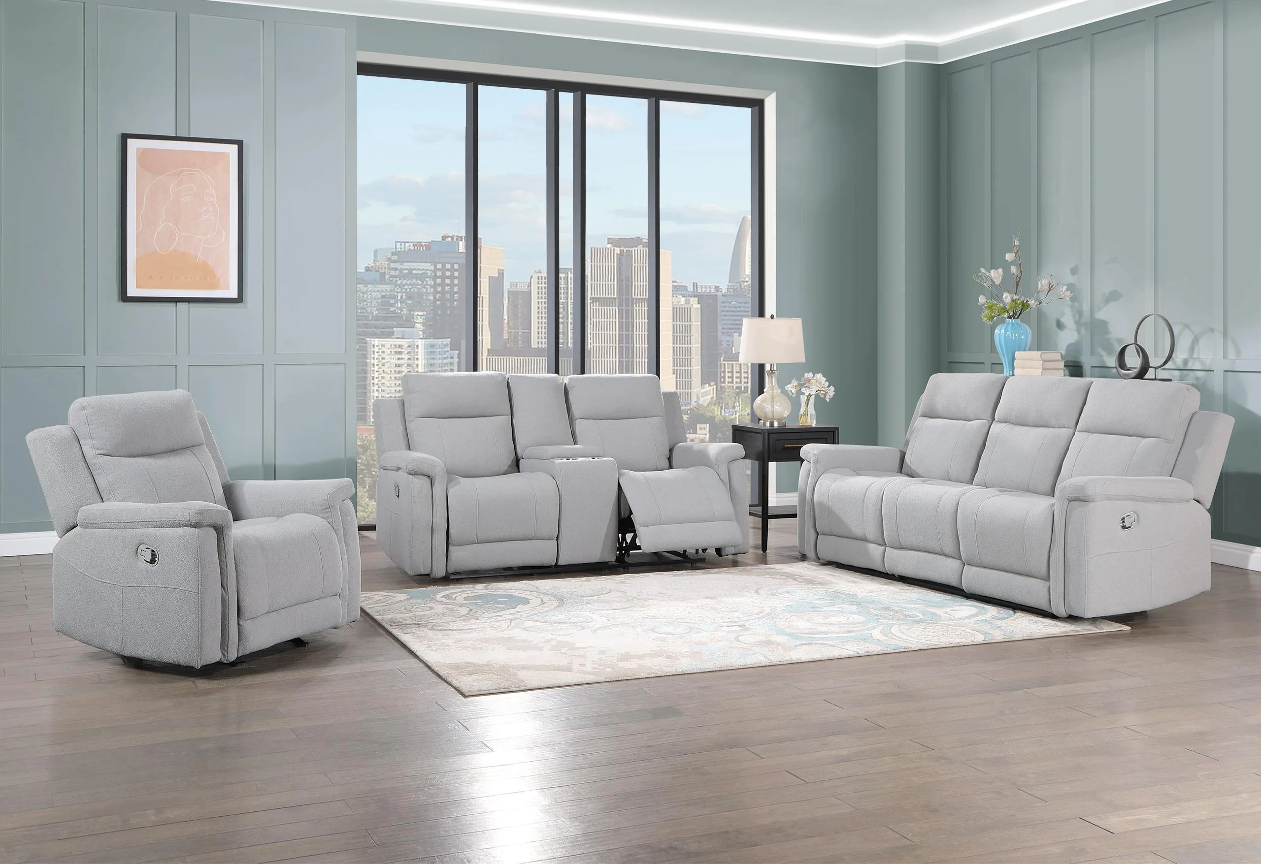 U1797 GREY RECLINING SOFA / CONSOLE RECLINING LOVESEAT / GLIDER RECLINER