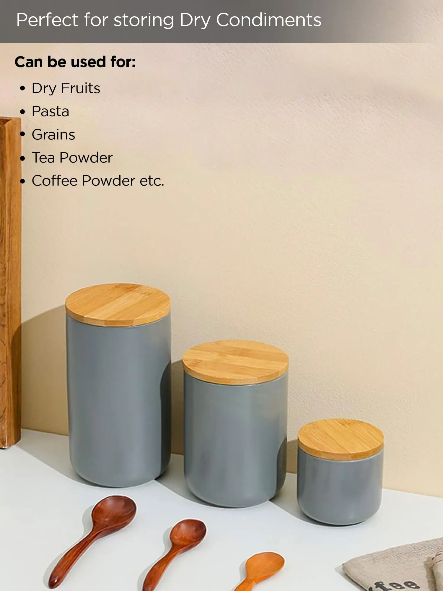 UMAI 1000ml Ceramic Jar for Kitchen Storage | Air Tight Container Set with Bamboo Lid | Kitchen Container for Snacks, Tea, Sugar | Multipurpose Organizer | Grey | Pack of 2