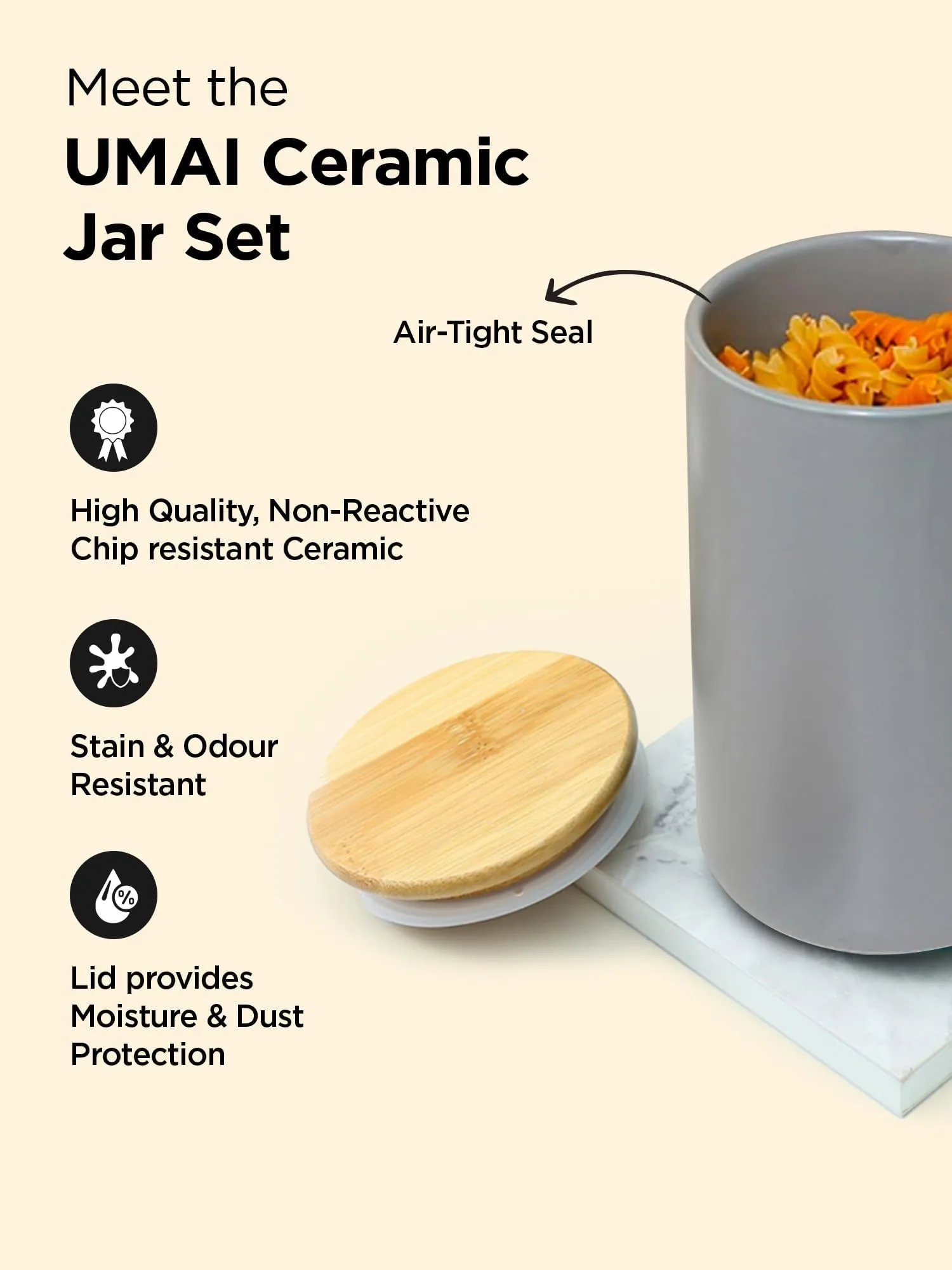 UMAI 1000ml Ceramic Jar for Kitchen Storage | Air Tight Container Set with Bamboo Lid | Kitchen Container for Snacks, Tea, Sugar | Multipurpose Organizer | Grey | Pack of 2