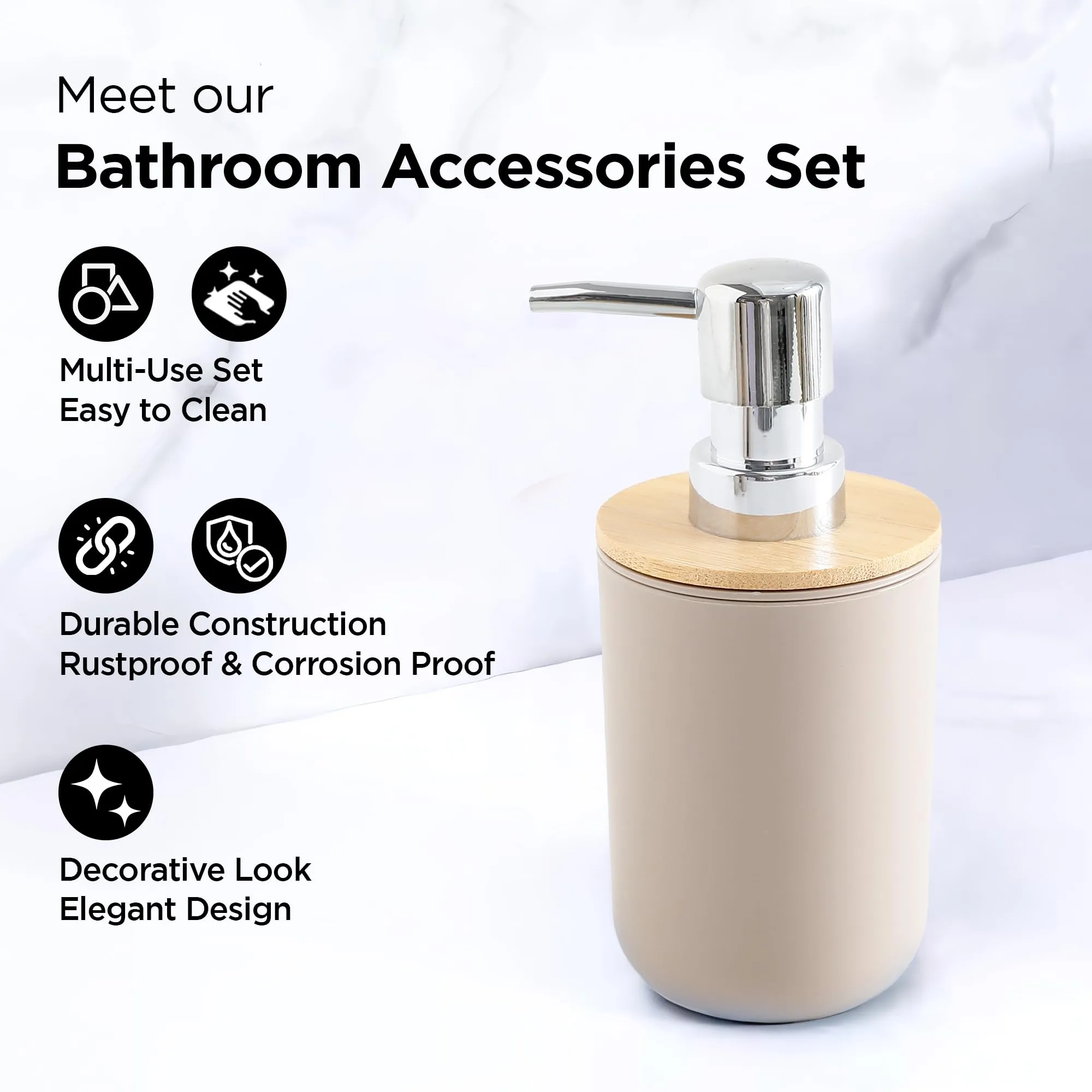 UMAI Bathroom Accessories Set | 6 Piece| Soap Dispenser for Bathroom| Tooth Brush Holder| Mouth Wash Cup| Toilet Brush with Holder | Dustbin for Bathroom Soap Dish | Warm Grey (Pack of 6)