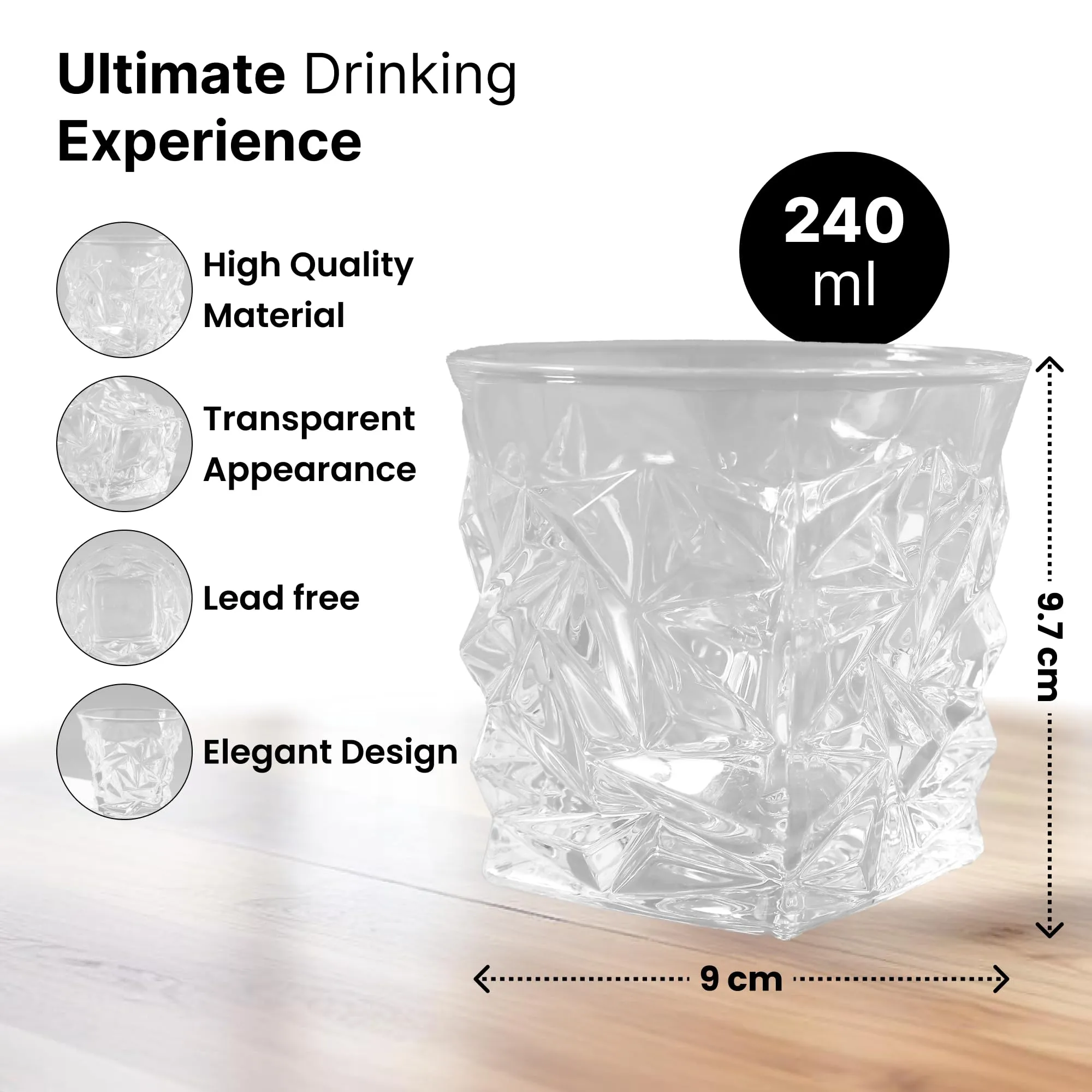 UMAI Whiskey Glasses Set of 2 (240ml Each) | Lead Free Neat Whiskey Glass | Heavy Bottom Drinking Glass | Crystal Glass for Bar Home | Glass for Drinks | Cocktail Glasses | Highball Glass