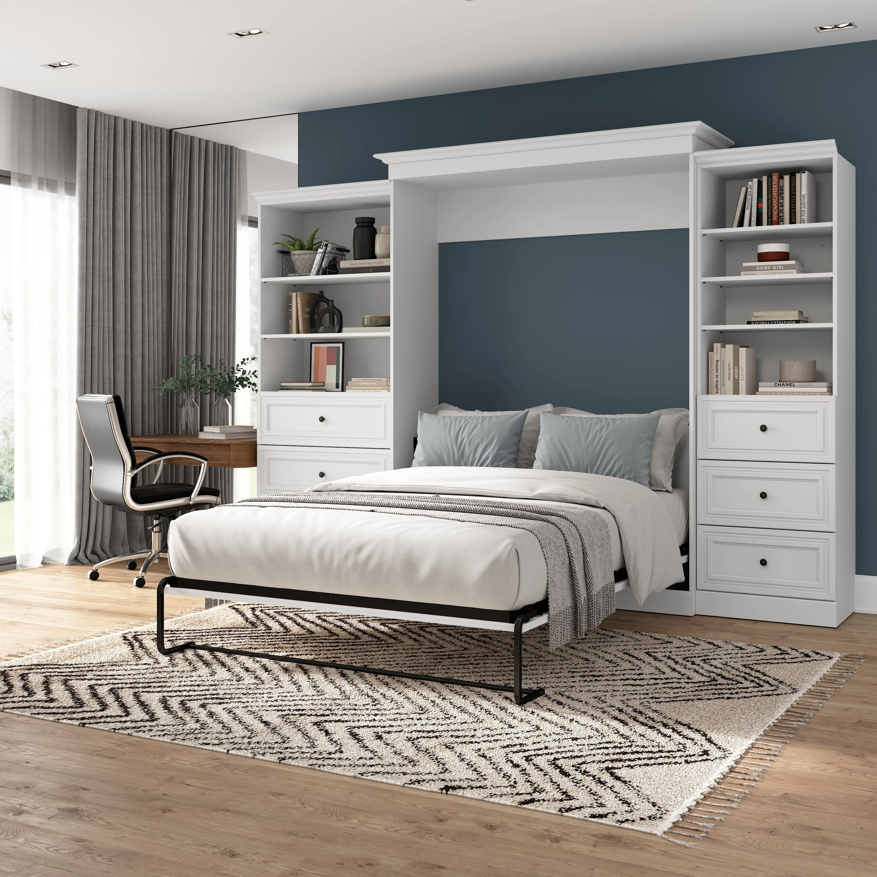 Versatile Queen Murphy Wall Bed and Closet Organizers with Drawers in White