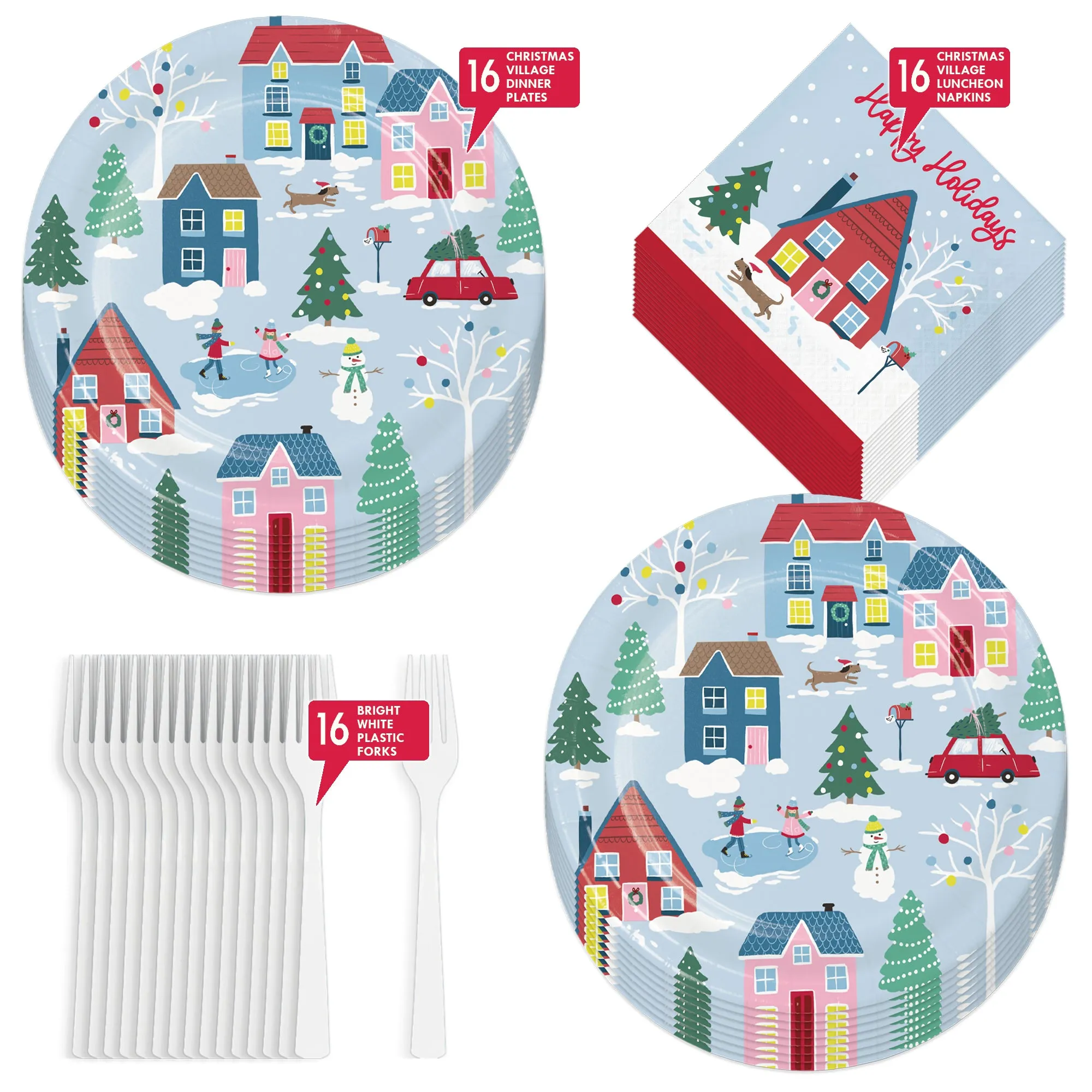 Winter Christmas Village Paper Dinner Plates, Lunch Napkins, and Forks (Serves 16)