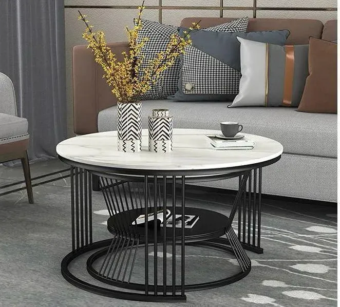 Wooden Twist Modern Contemporary Stainless Steel Base Marble Top Nesting Coffee Table ( Set of 2 )